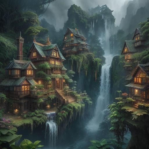 Magical Gnome Waterfall Garden: Epic Digital Painting