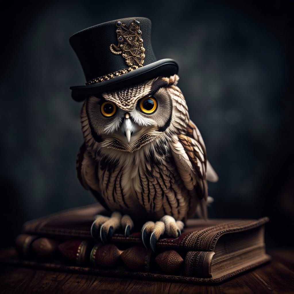 Hyperrealistic Owl in Top Hat with Intricate Details