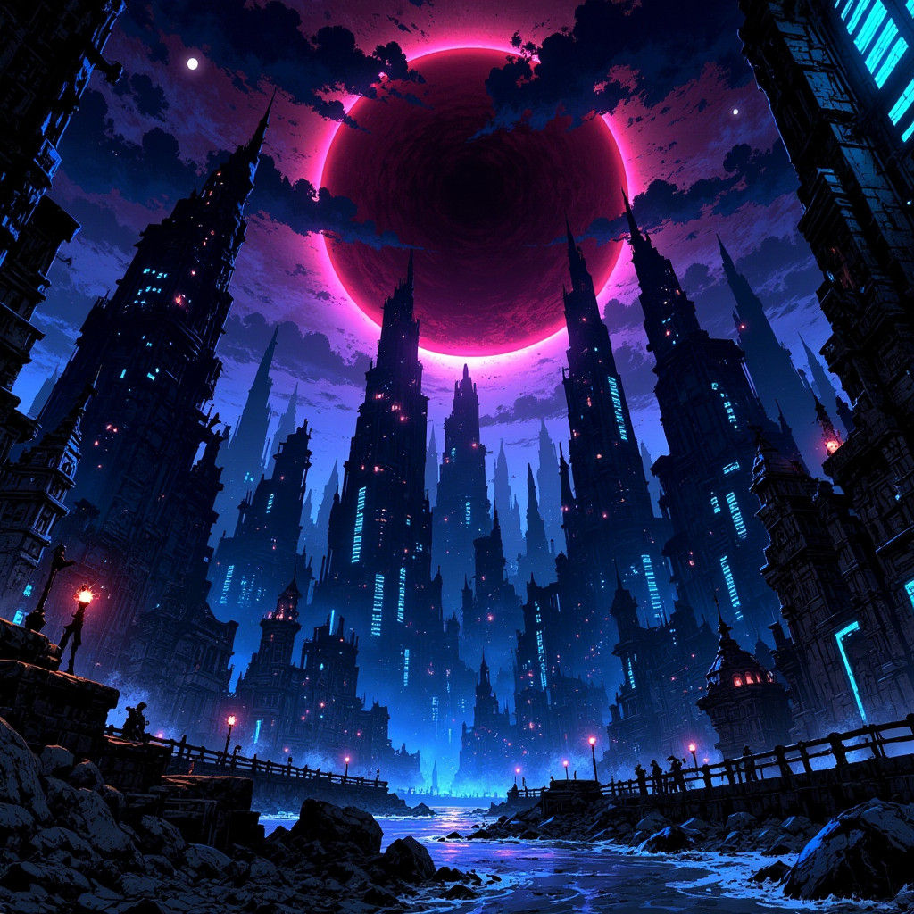 Cyberpunk Apocalypse Unfolds Amidst a Rare Celestial Eclipse