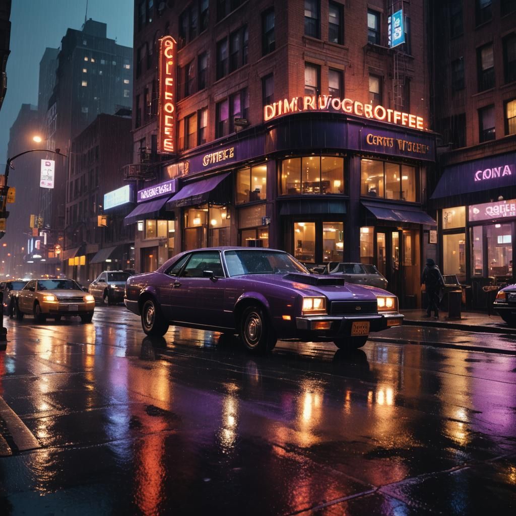 Cozy Coffee House in Rainy Cyberpunk NYC