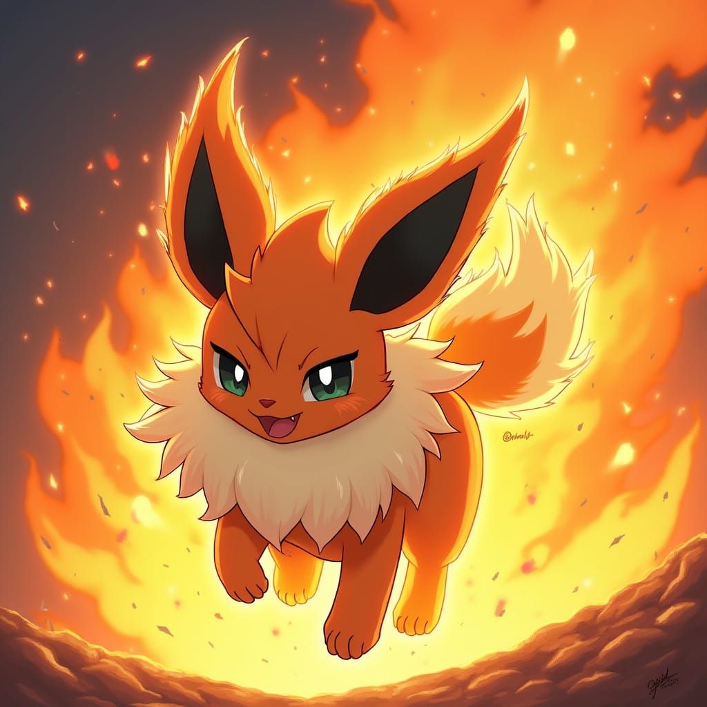 Flareon Leaps from Blazing Inferno in Anime Style