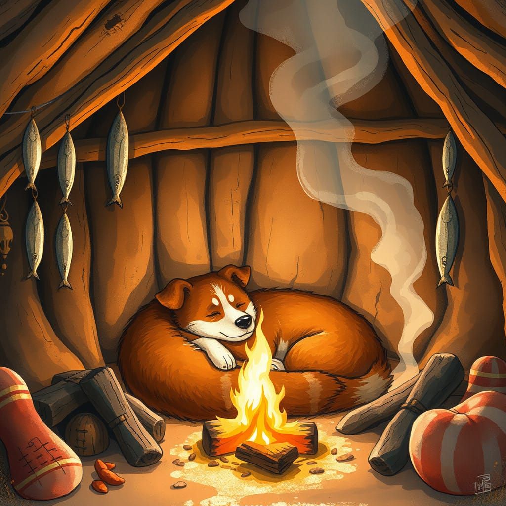 Warm Cozy Canine in Earthy Hut Scene
