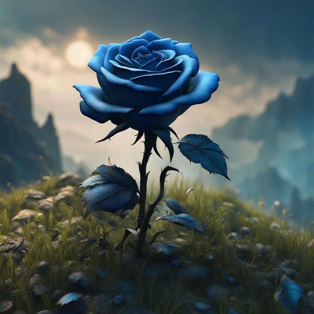 Detailed Blue Rose on Grassy Hill, Fantasy Art