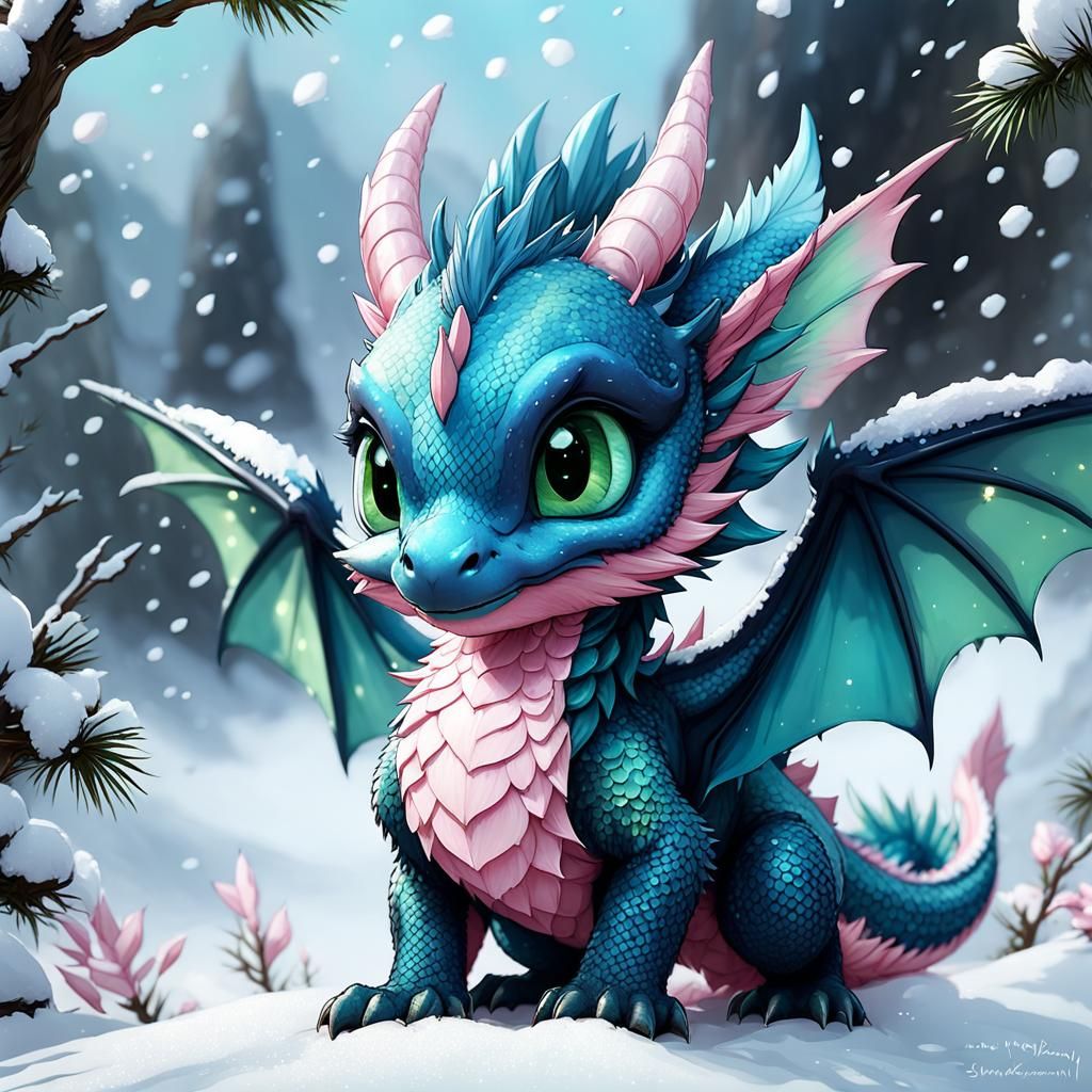 Charming Chibi Dragon Playing in Snow, Digital Art