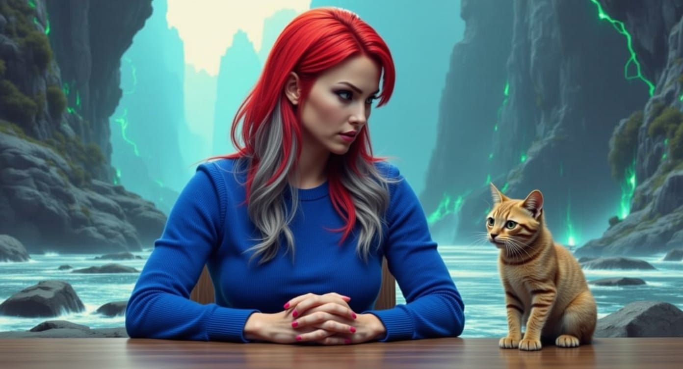 Woman in Blue Sweater with Colorful Hair and Cat
