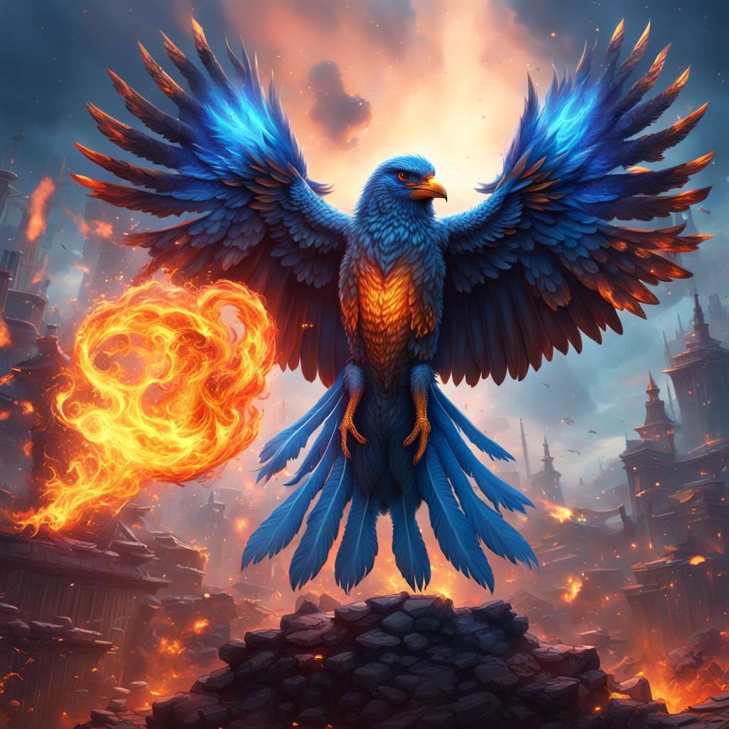 Blue Fire Phoenix Bird: Detailed Matte Painting