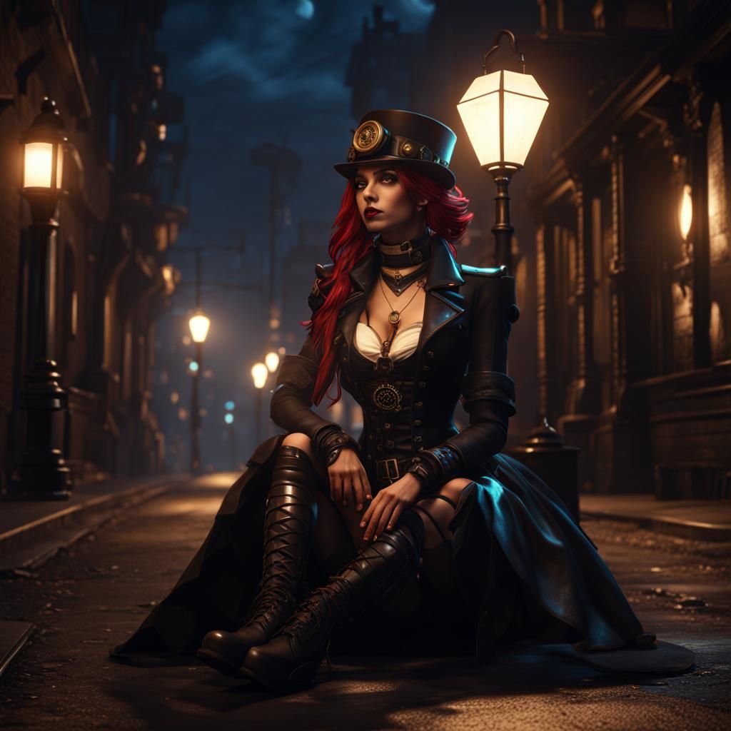 Female Steampunk Goth girl sitting on a sidewalk at night un...