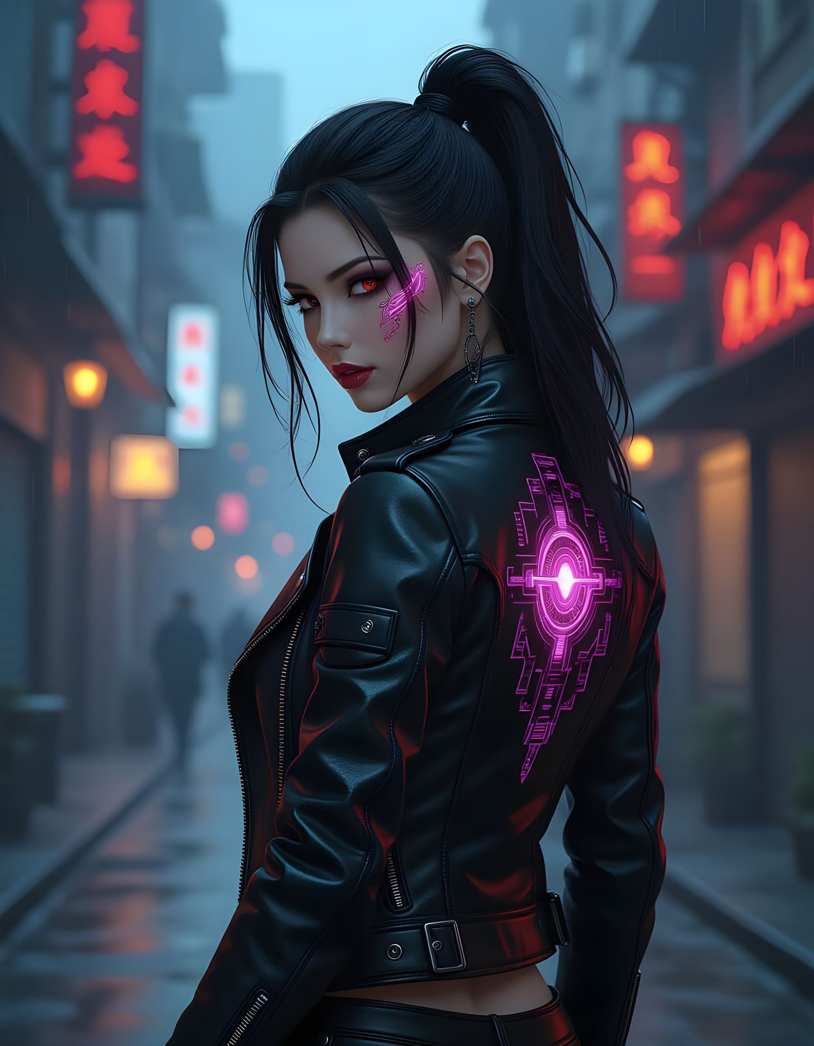 Anime Cyberpunk Woman with Elaborate Back Tattoo