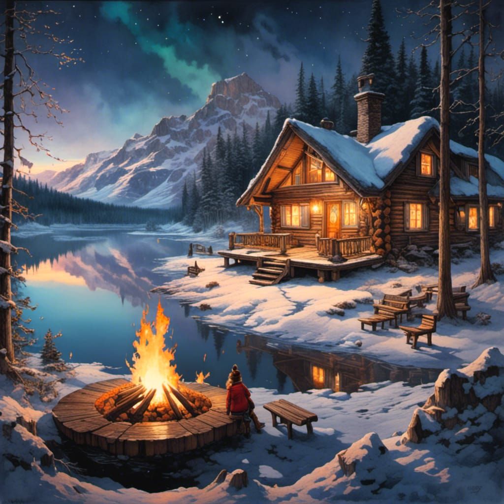 Snowy Log Cabin with Christmas Lights