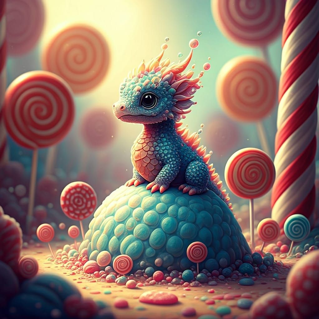 Bubble Dragon on Candy Mountain in Gouache Style