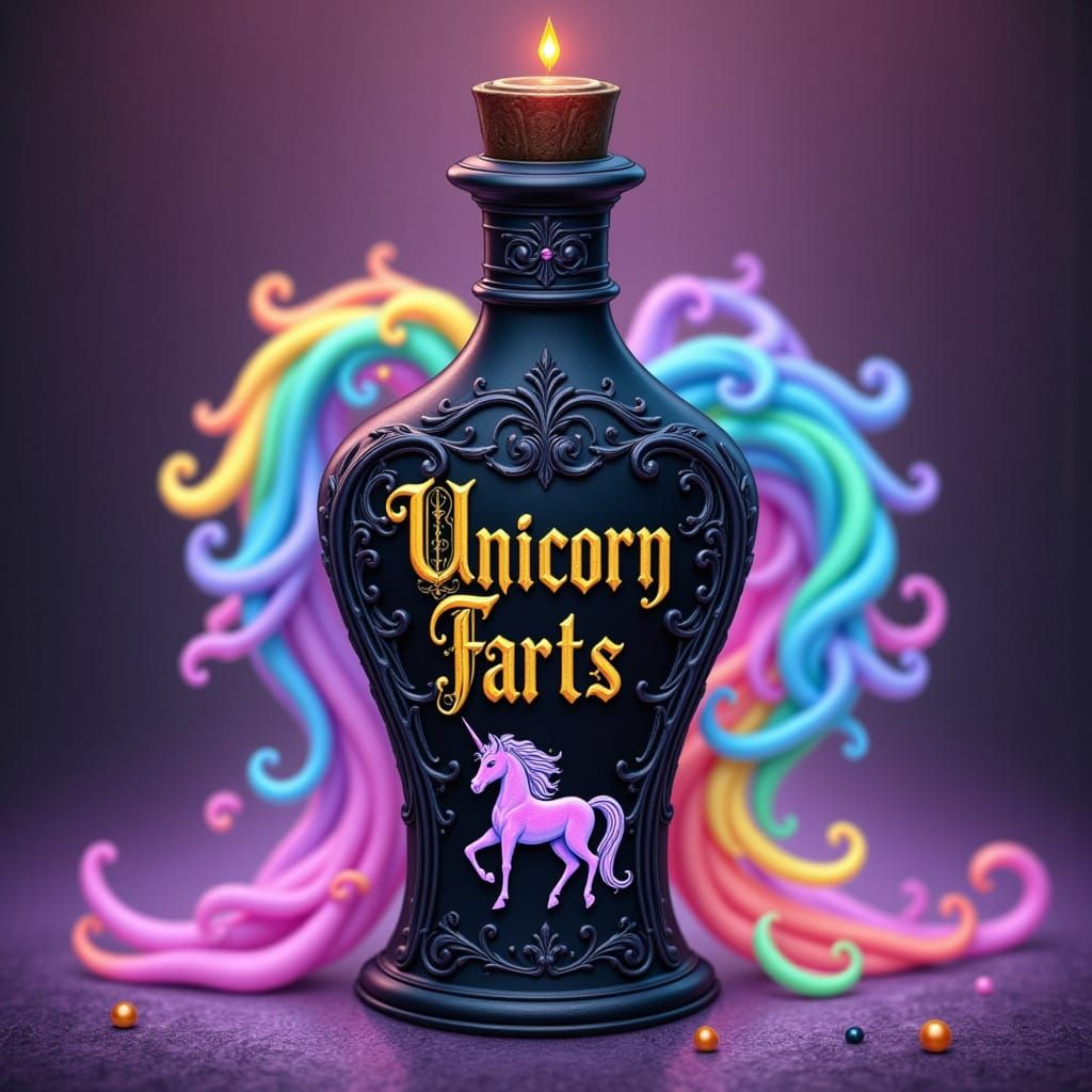 Vibrant Unicorn Farts Bottle in Whimsical Surrealism