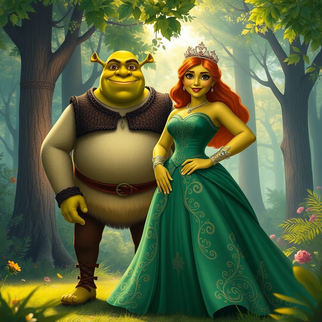Regal Princess Fiona in Whimsical Forest with Shrek