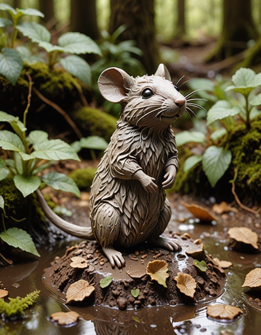 Woodland Mouse Emerges from Clay Puddle in Forest Landscape