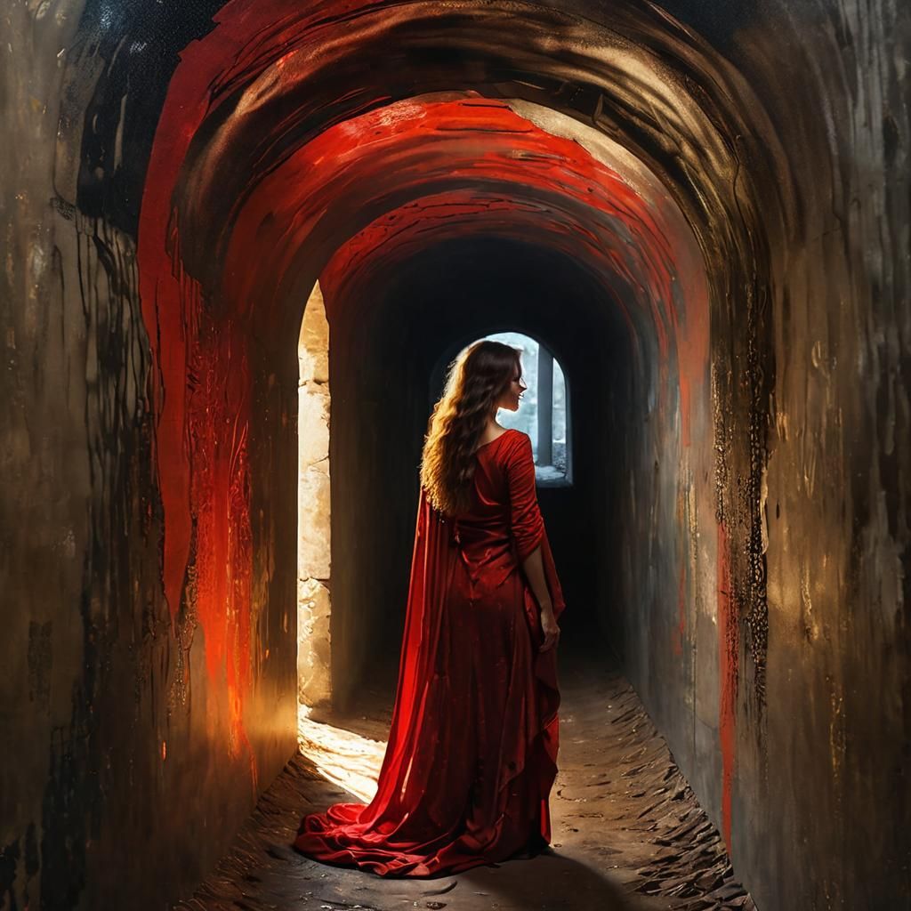 Woman in Red Rags Emerging from Tunnel: Klimt Style