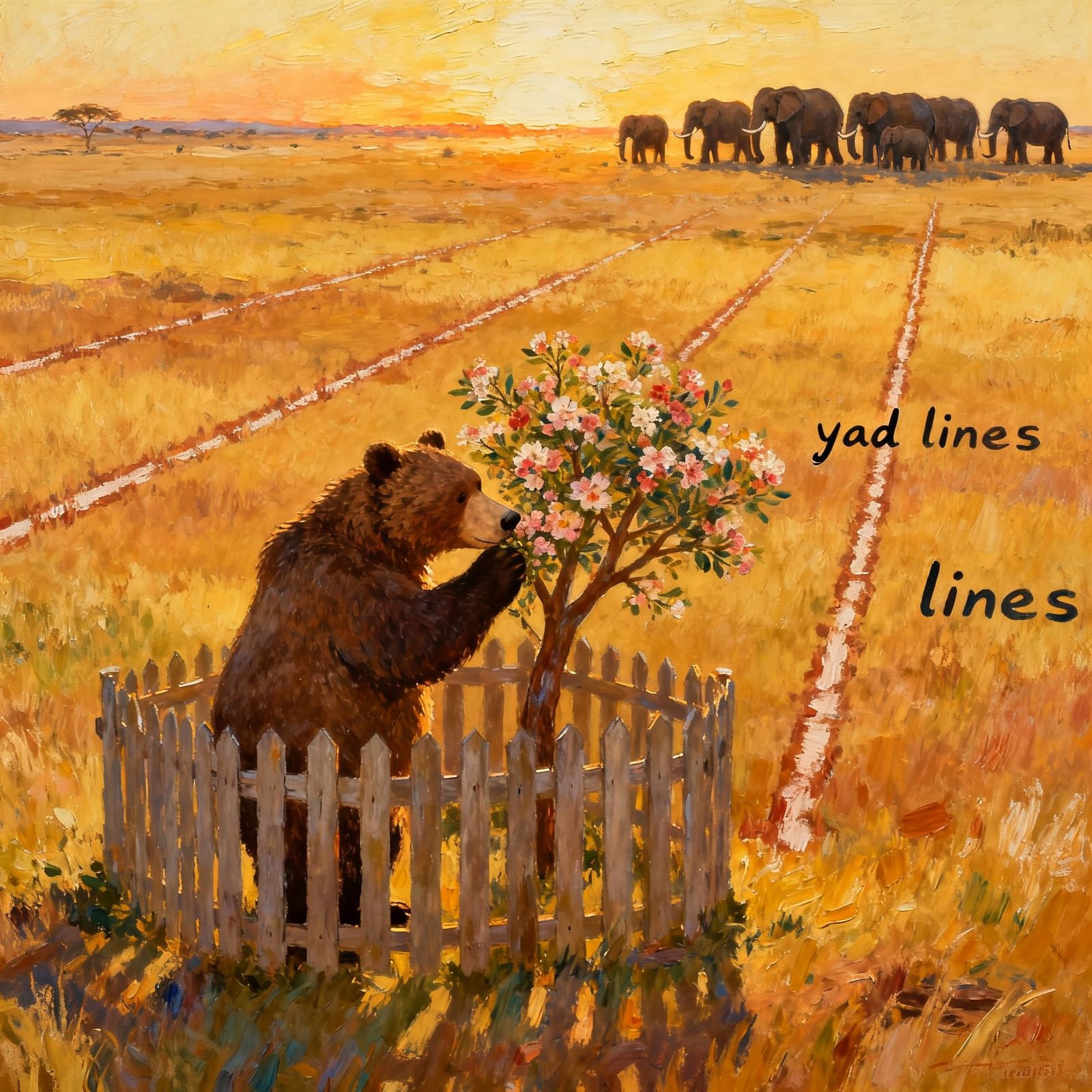 Friendly Bear in Blooming Tree on Savanna