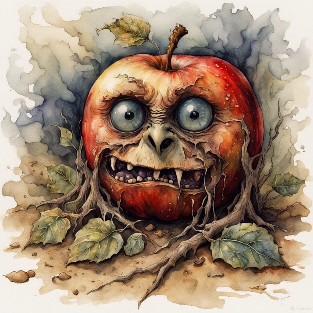 Whimsical Watercolor Apple Portrait in Folk-Art Style