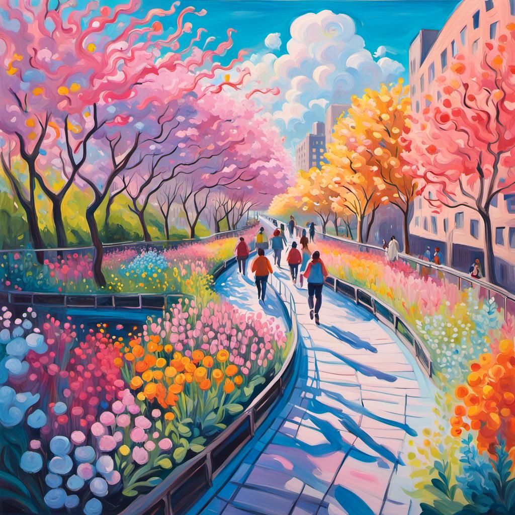 NYC High Line in Gouache Painting Style