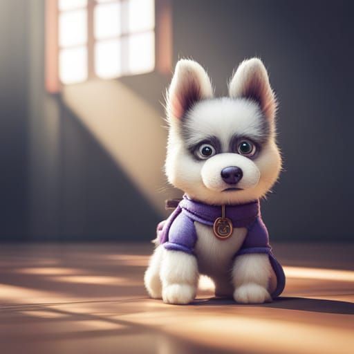 Hyperrealistic Plush Husky Puppy Doll: 3D Digital Art
