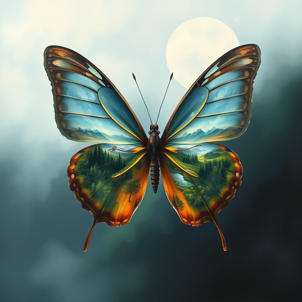 Butterfly with Mountain Landscape Wings, Dreamlike Fantasy A...