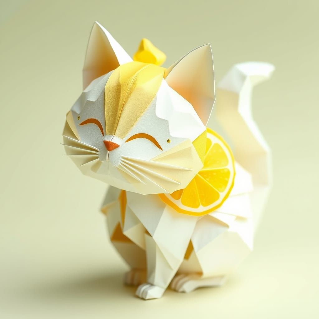 Whimsical Origami Cat-Lemon Sculpture in Pastel Hues