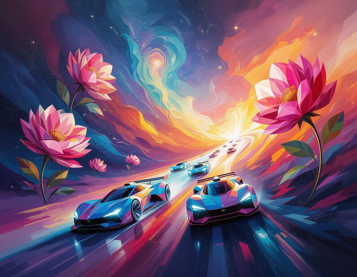 Abstract Cosmic Race with Geometric Cars and Crystal Flowers