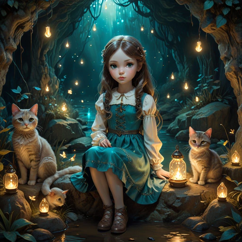 Whimsical Doll Girl in Ethereal Grotto