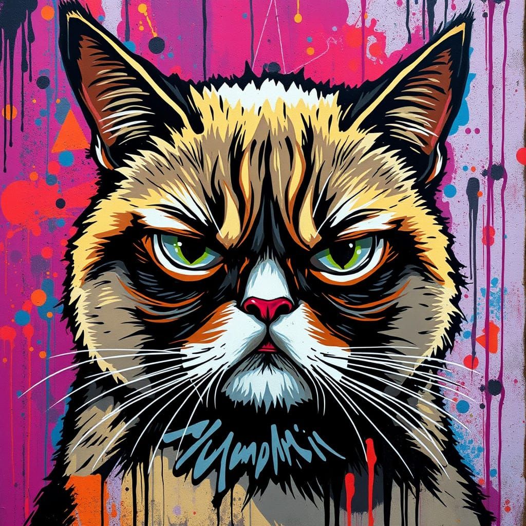 Vibrant Graffiti Art of a Scowling Grumpy Cat