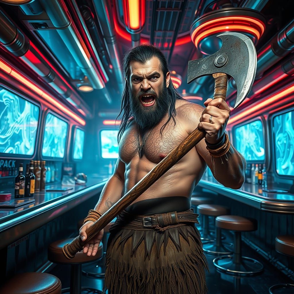 Caveman in a Futuristic Bar, Inspired by Sci-Fi Art