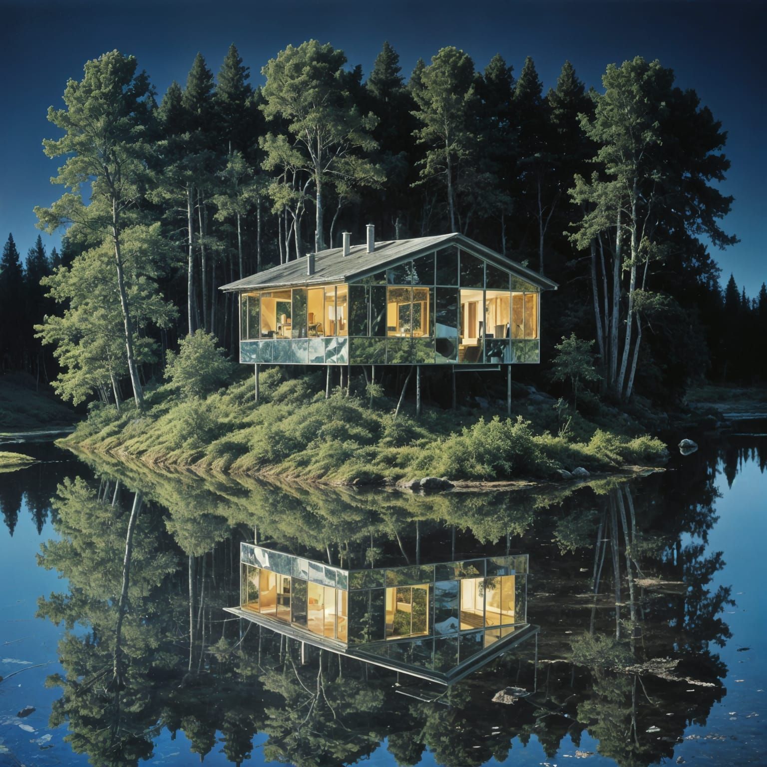Surreal Mirrored House Reflecting Distant Forest Landscape