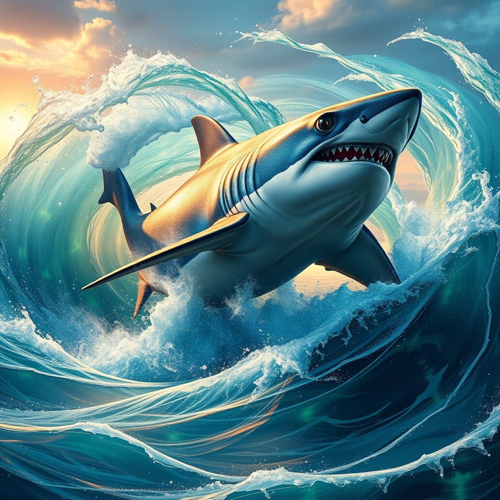 Colossal Shark Rises from Turquoise Depths in Vibrant Fantas...