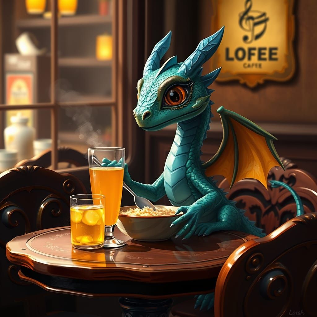 Cozy Café Scene with Baby Dragon Enjoying Rijst and Appelsap