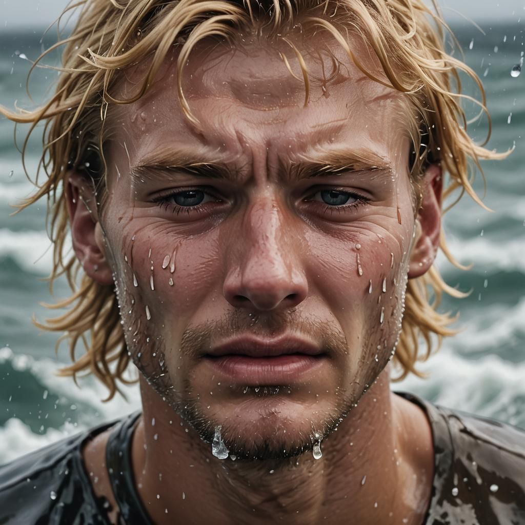 Blond Man's Tears Flowing into Ocean