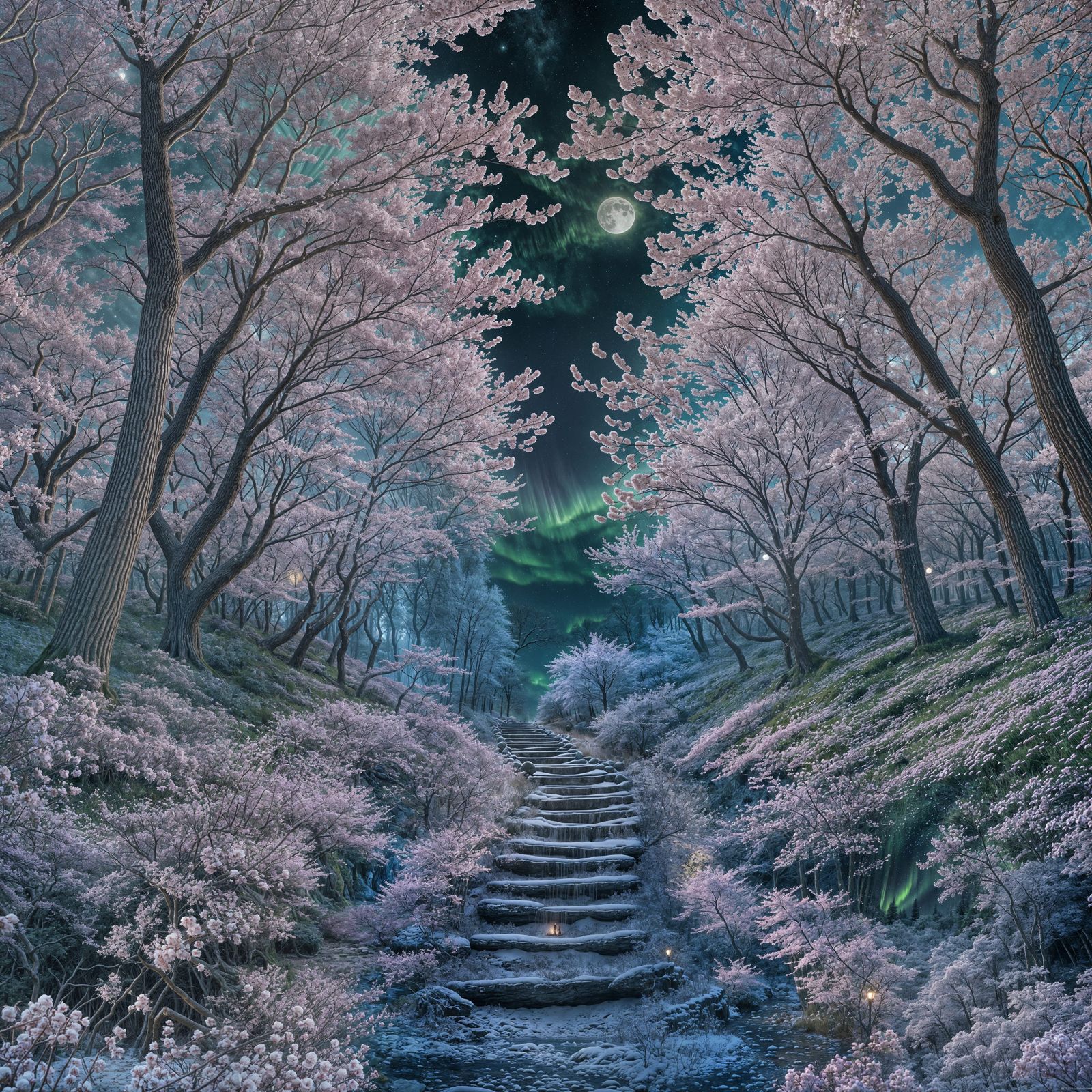 Winter Forest Path Under Aurora Borealis