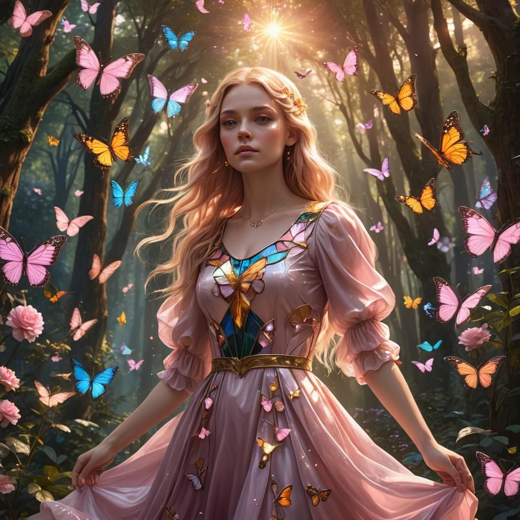 Girl in Rose Quartz Dress with Butterflies