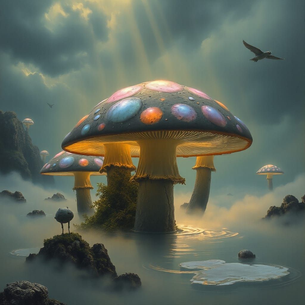 Bioluminescent Mushrooms in a Surreal Floating World
