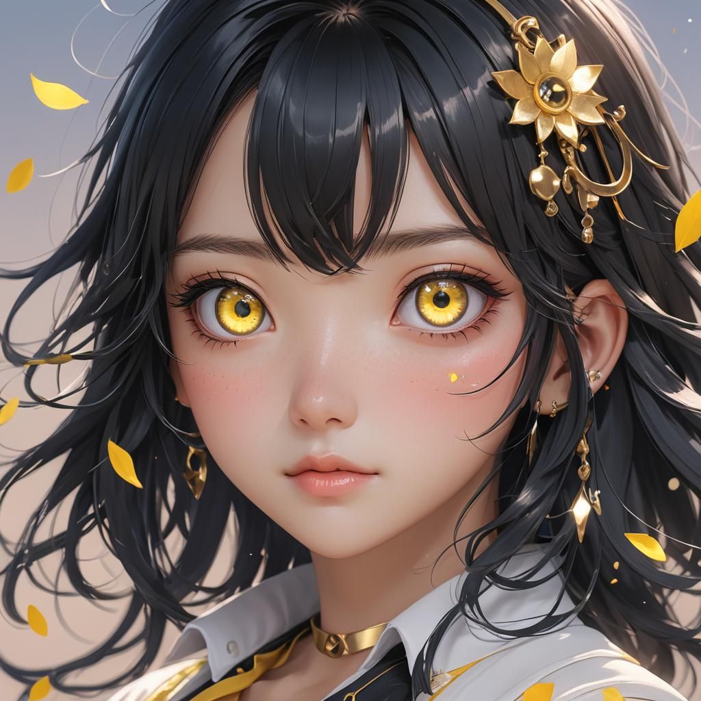 Anime Girl with Black Hair and Yellow Eyes