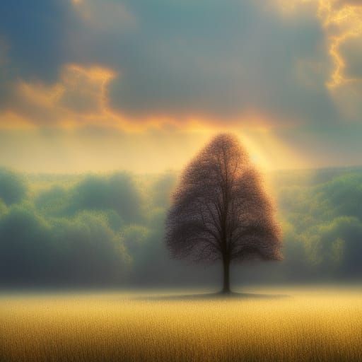 Ethereal Tree in Misty Field with Light Beams