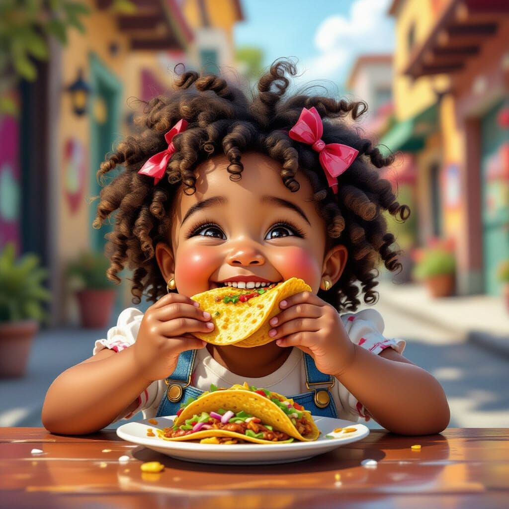 Joyful Black Girl Eats Tacos on National Taco Day