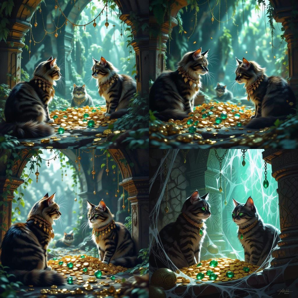 Cats Guarding Treasure in Detailed Matte Painting