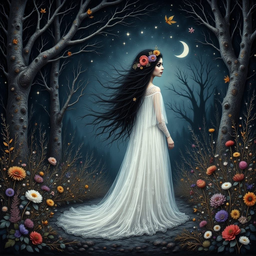 Ghostly Lady in Mystical Forest: Digital Collage Art