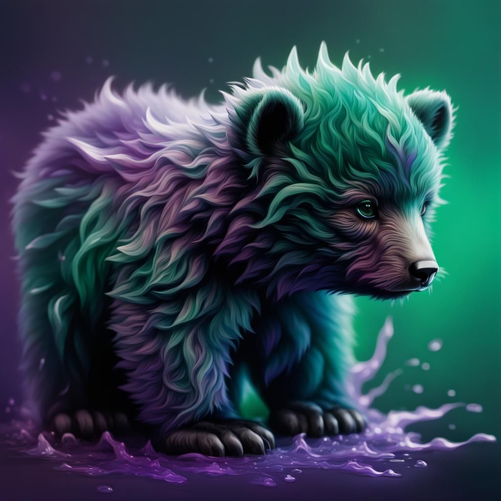 Crystal Bear Cub with Emerald and Purple Flames