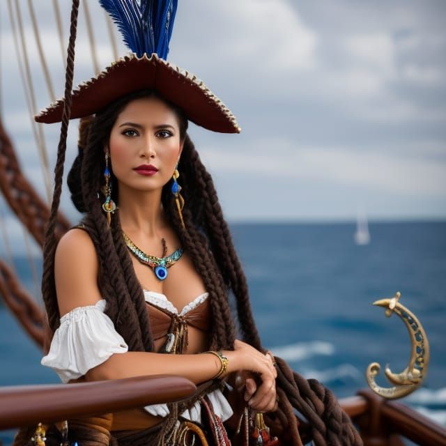 Pirate Captain on Ship in Art Nouveau Style