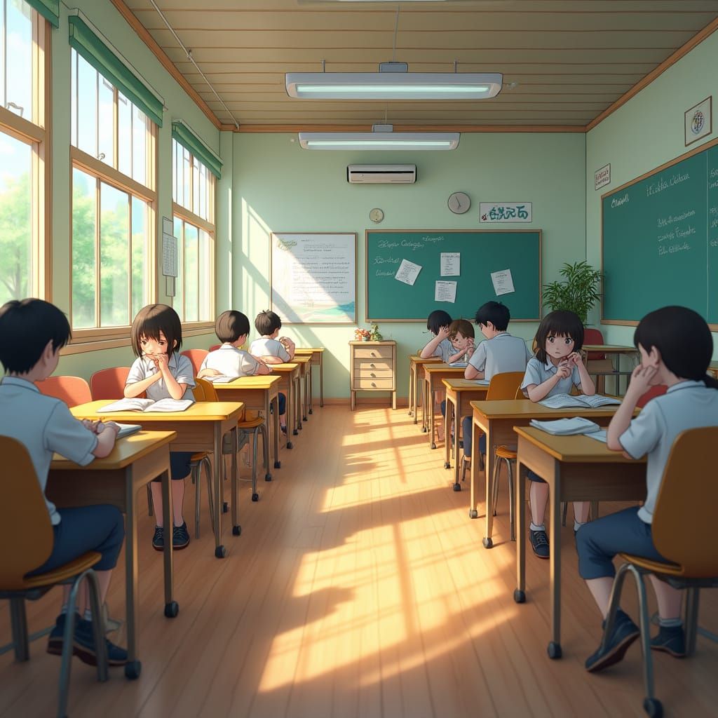 Tranquil Anime Classroom Scene in Vibrant Style