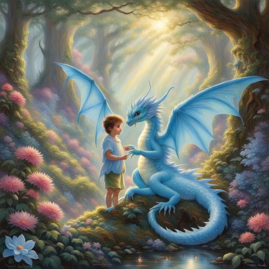 Enchanted Forest Meeting: Dragon, Boy, and Flower Fairy