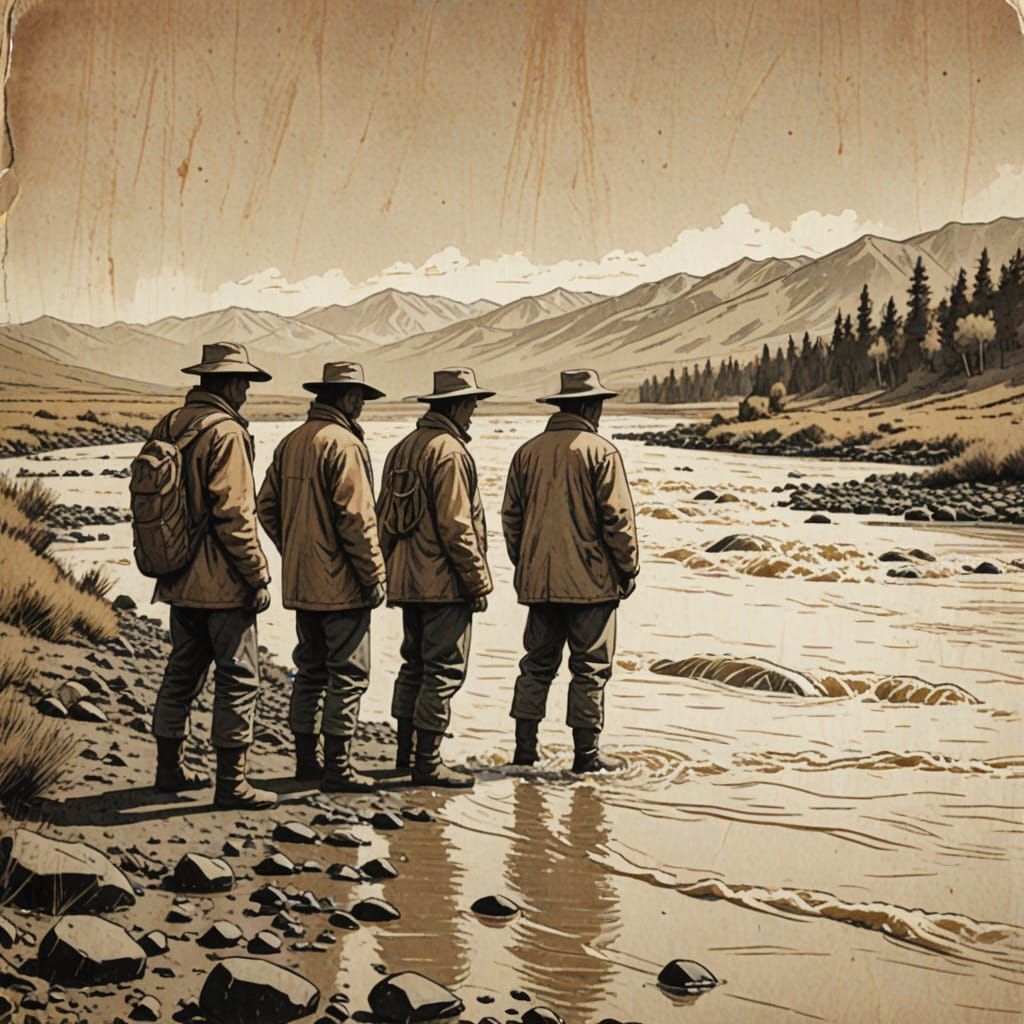 Mongolian River Crossing: Minimalist Grunge Art