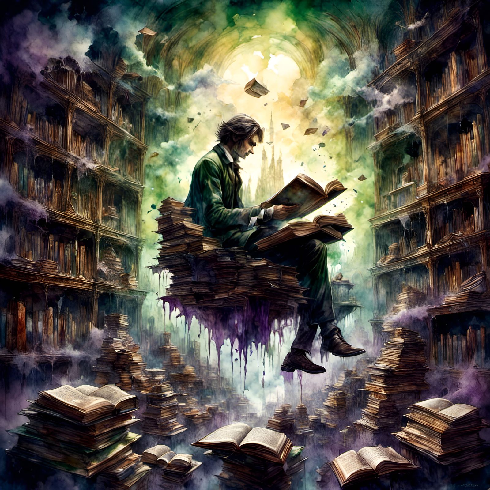 Flying Books in Dystopian Bookshop, Digital Rendering