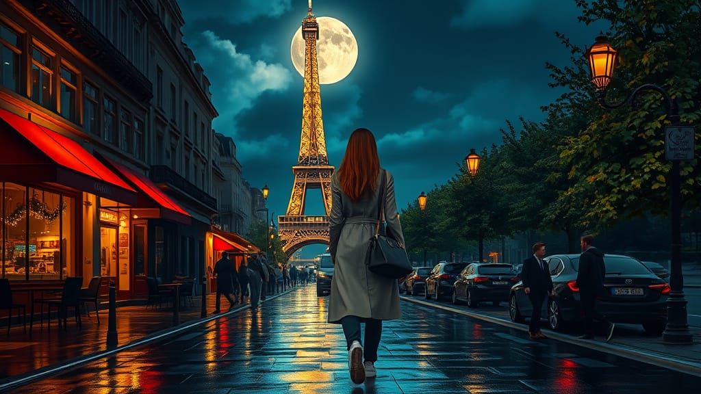 Parisian Night Scene with Eiffel Tower and Woman