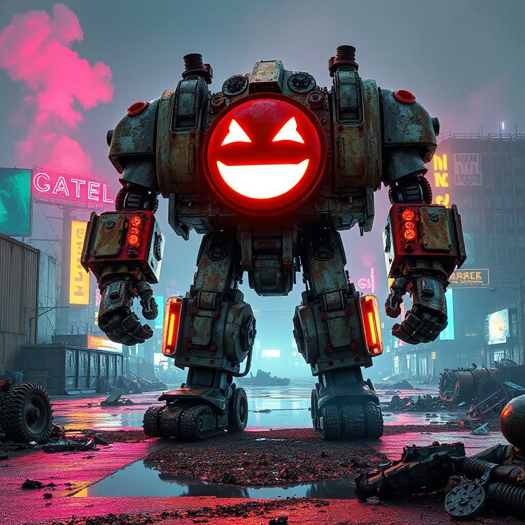 Mad Max Robot with Laughing Emoji Face Roams Ruined City