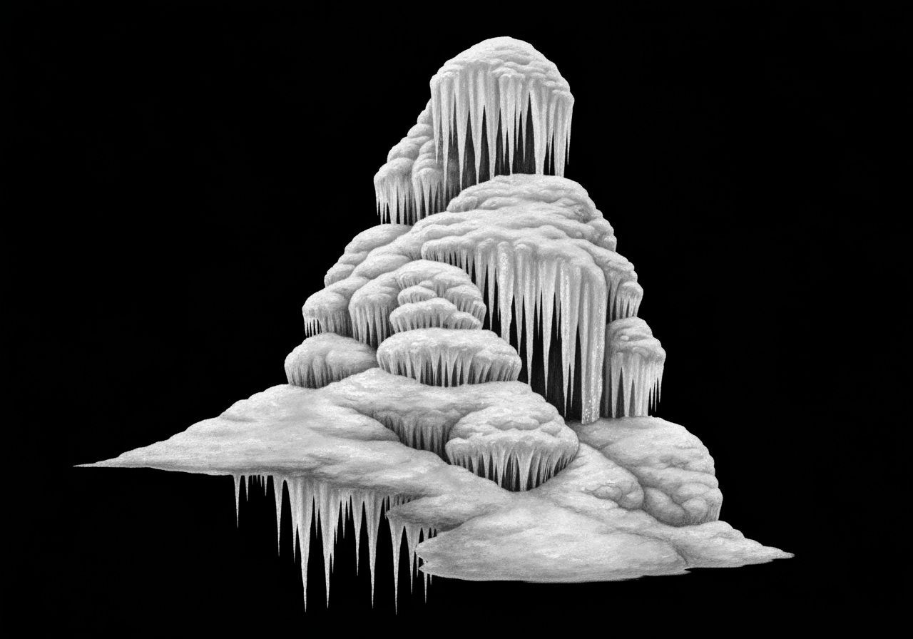 Detailed Charcoal Illustration of Frozen Waterfall