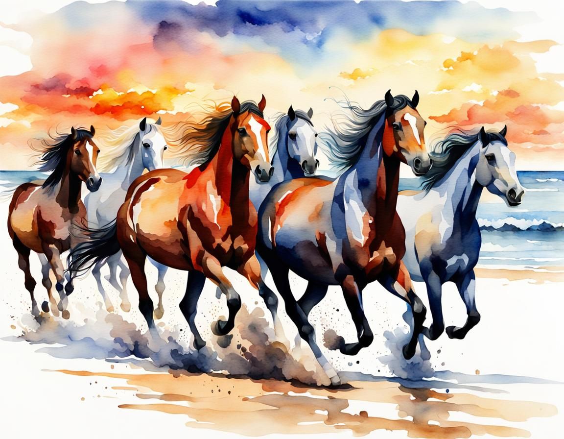 Watercolor Horses Galloping on Beach at Sunset
